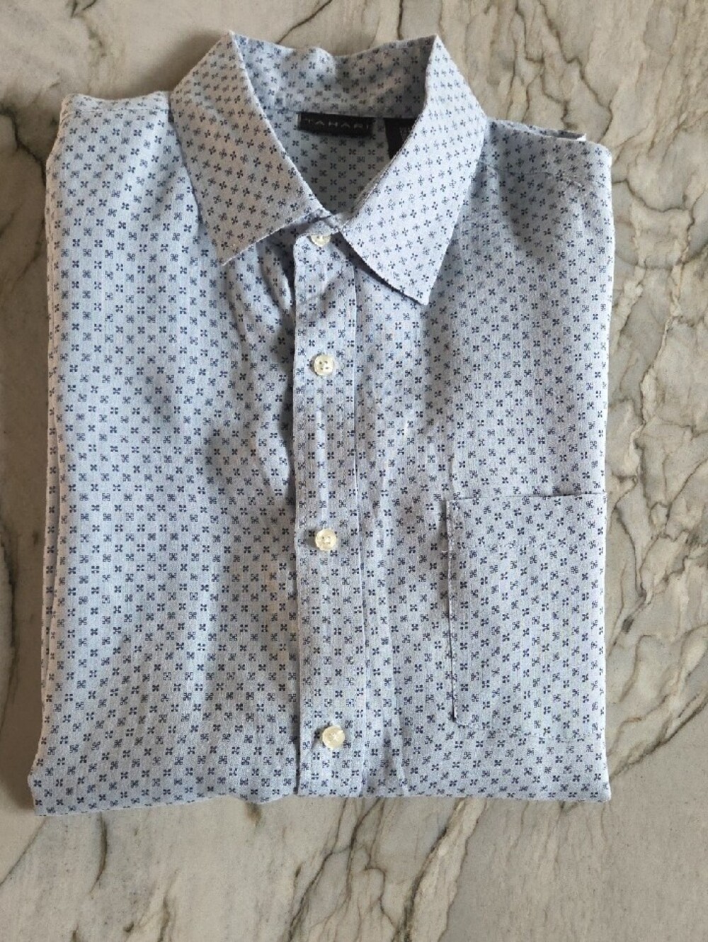 Tahari Men's Light Blue Short-Sleeve Button-Down with Navy Micro Print
